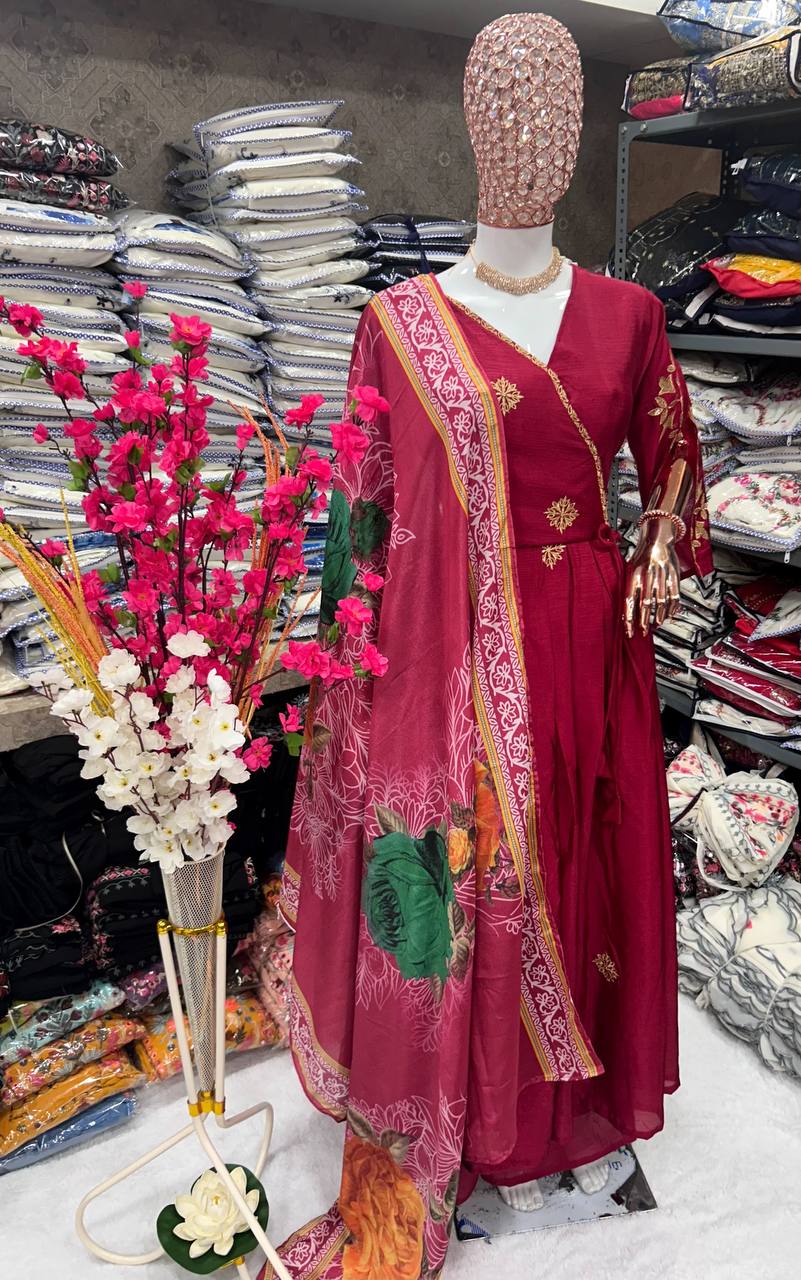 Elegant Sequin-Embroidered Chinon Silk Gown Set with Plazzo and Dupatta