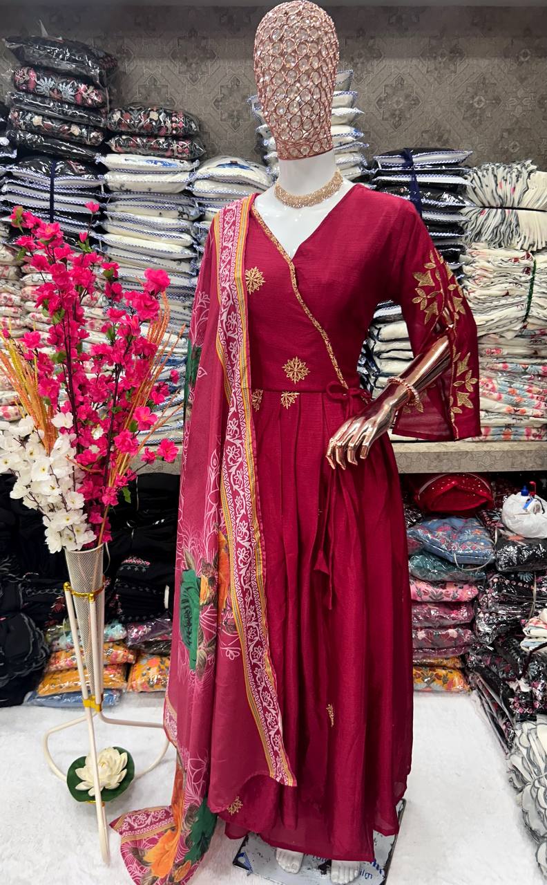 Elegant Sequin-Embroidered Chinon Silk Gown Set with Plazzo and Dupatta