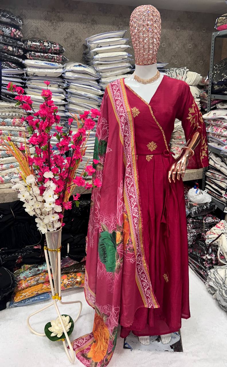 Elegant Sequin-Embroidered Chinon Silk Gown Set with Plazzo and Dupatta