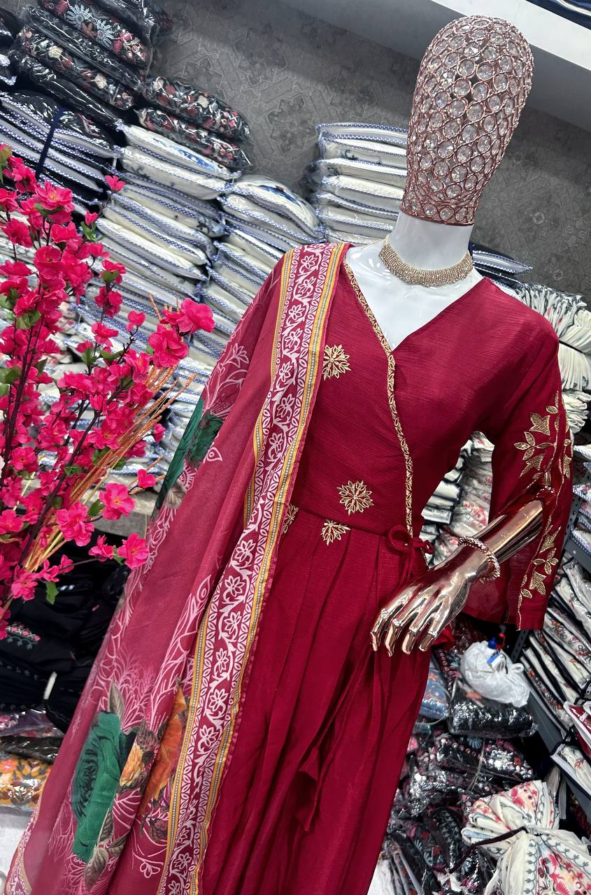 Elegant Sequin-Embroidered Chinon Silk Gown Set with Plazzo and Dupatta