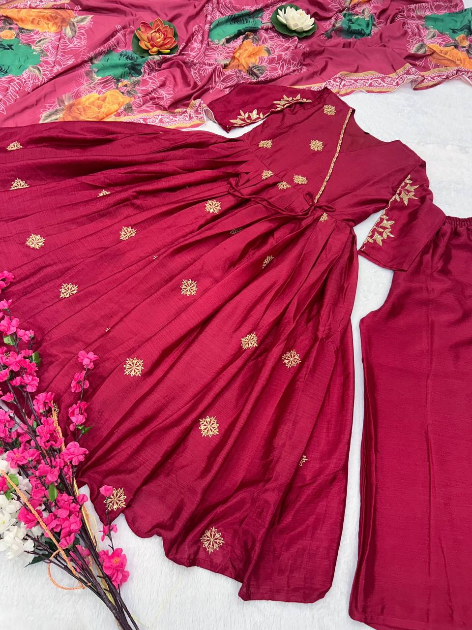 Elegant Sequin-Embroidered Chinon Silk Gown Set with Plazzo and Dupatta