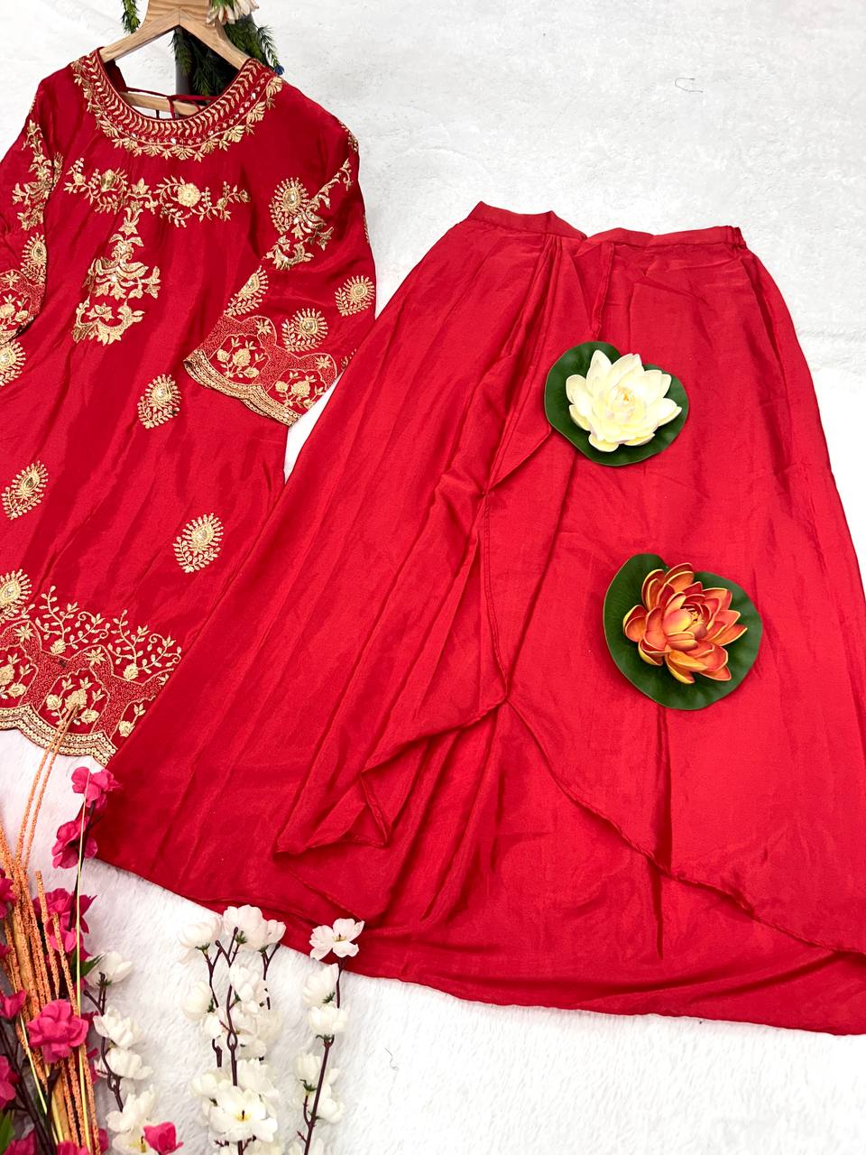 Elegant Party Wear Pure Satin Silk Drape Skirt Kurta Set