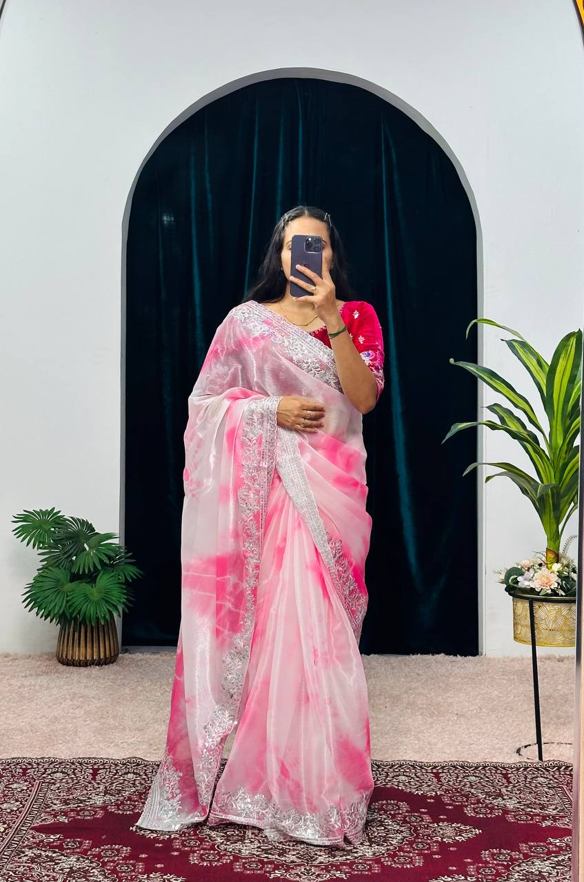 Women's Zari Sequins and Cut Work Border Burberry Jimmy Choo Shibori Print Saree With Stitched Blouse