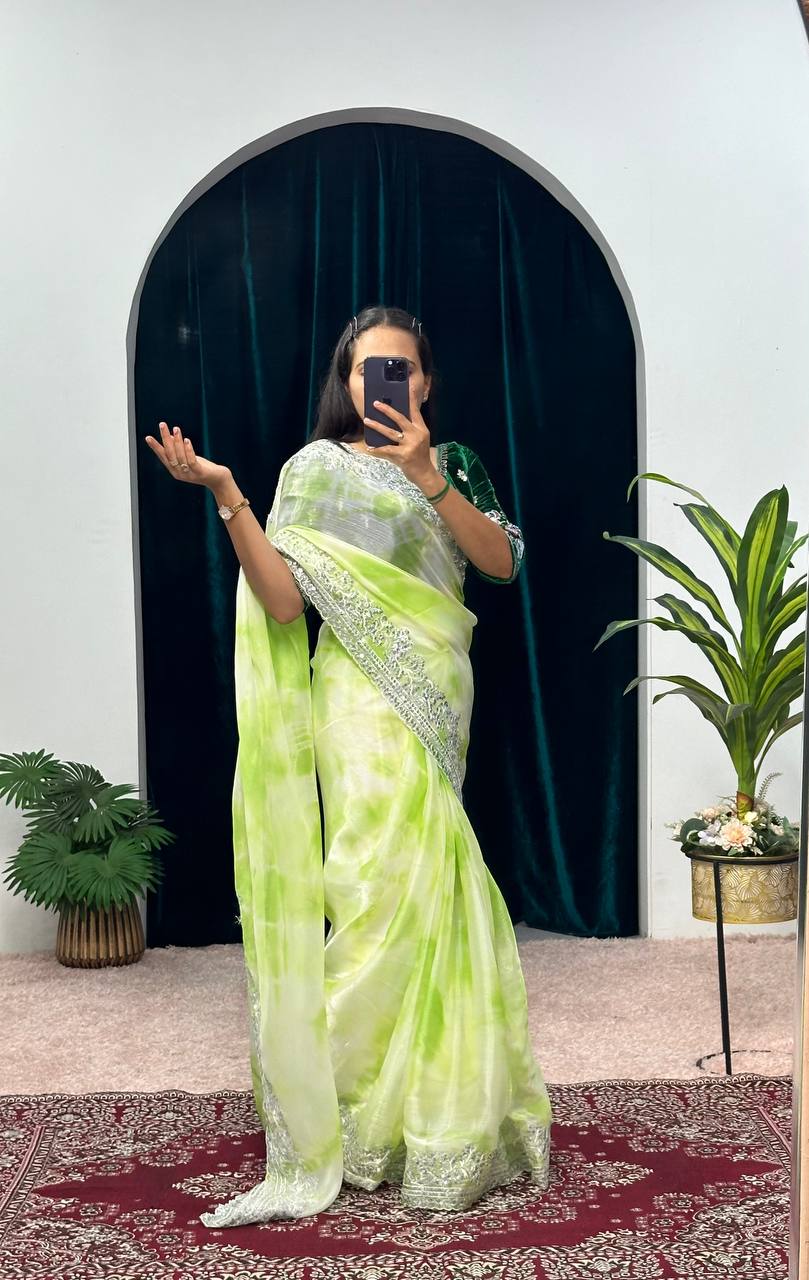 Women's Zari Sequins and Cut Work Border Burberry Jimmy Choo Shibori Print Saree With Stitched Blouse