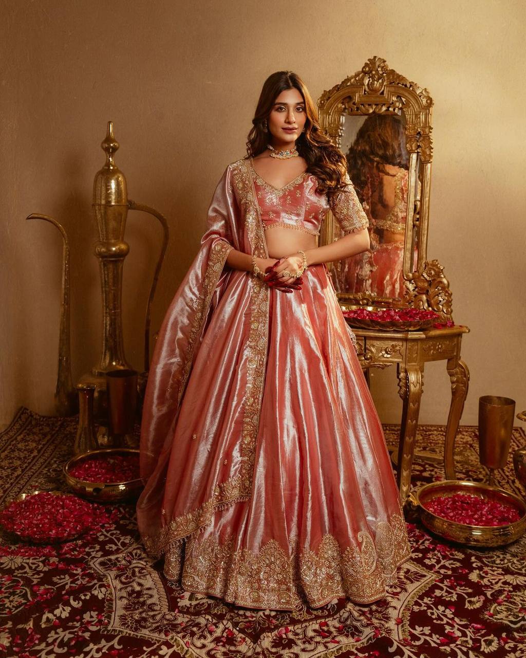 Embroidery Sequence Work Pure Soft Shimmery Gold Tissue Lehenga Choli Set