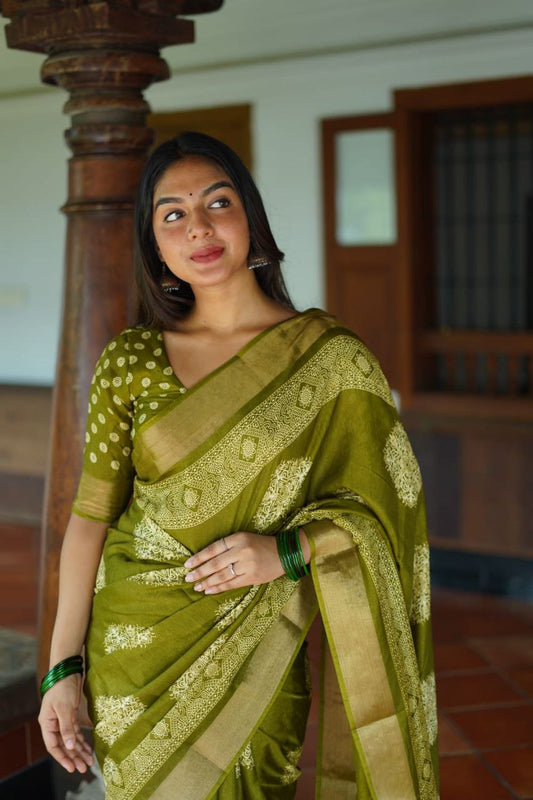 Elegant Zari Woven Pattu Border Batik Printed Cotton Crape Saree with Blouse