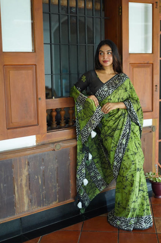 Pure Chanderi Cotton Shibori Batik Print  Saree with and Unstitched Blouse