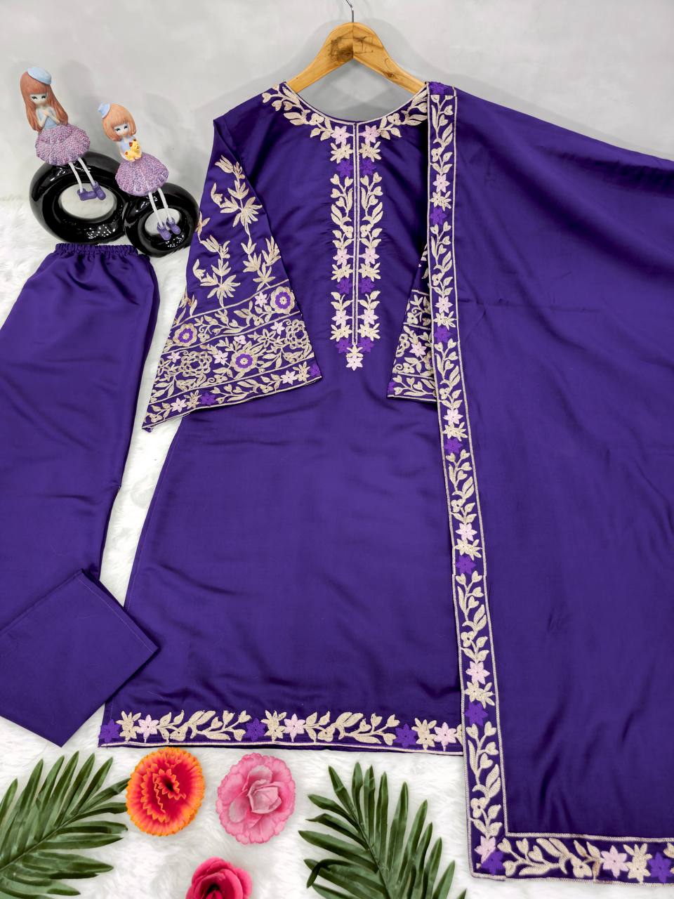 New Designer Heavy Chine Work Kurta Top, Bottom & Dupatta Set