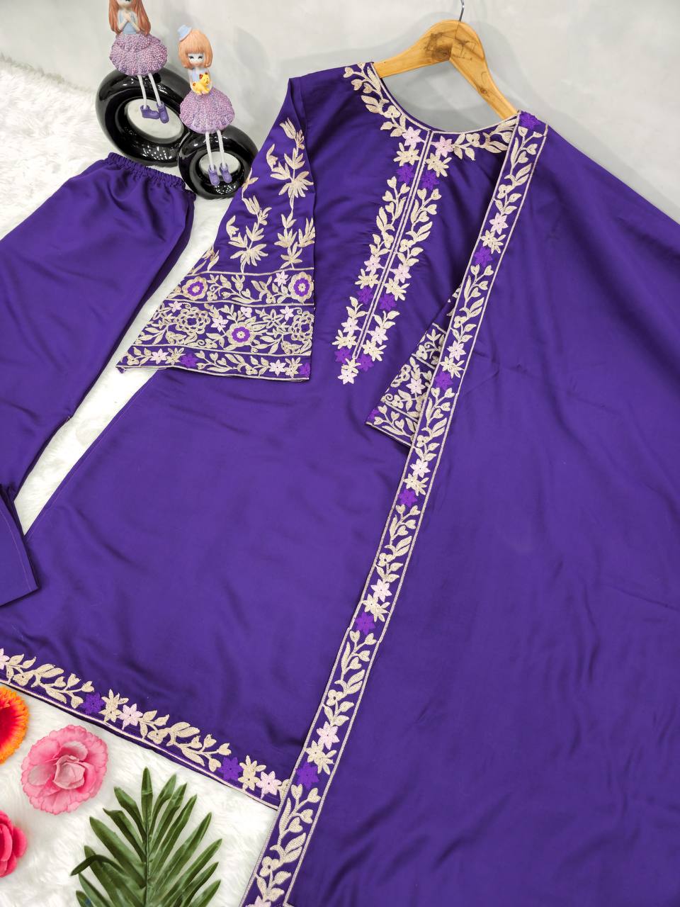 New Designer Heavy Chine Work Kurta Top, Bottom & Dupatta Set