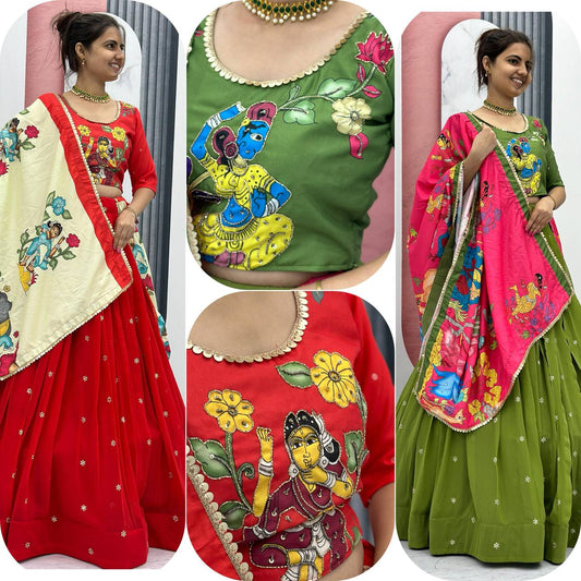 Heavy Embroidery Work Kalamkari Print Ready to Wear Lehenga Choli Set