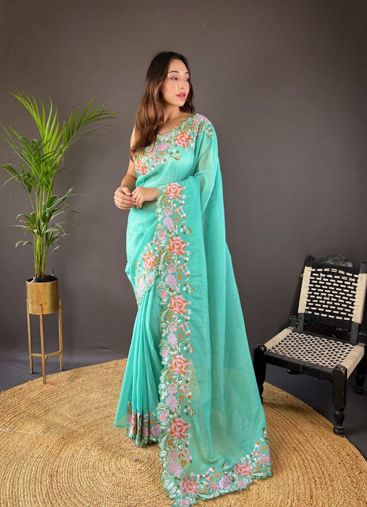 Designer Cross Stitch Floral Embroidery Cut Work Border Glossy Silk Saree With Blouse