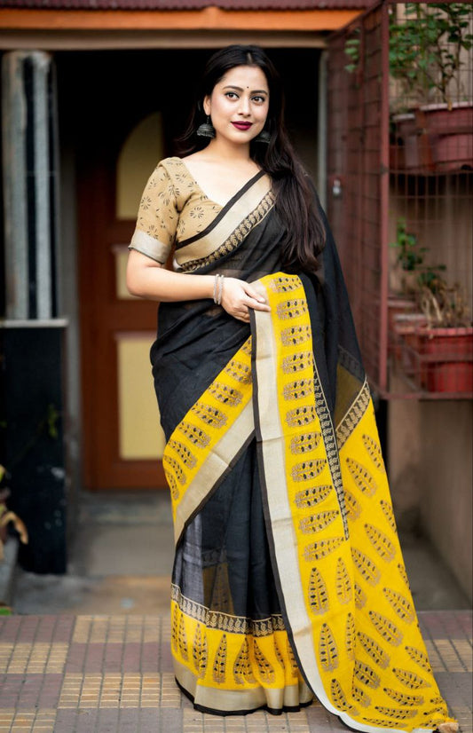 Fancy Linen Printed Saree with Silver Pattu Border & Contrast Chikoo Blouse