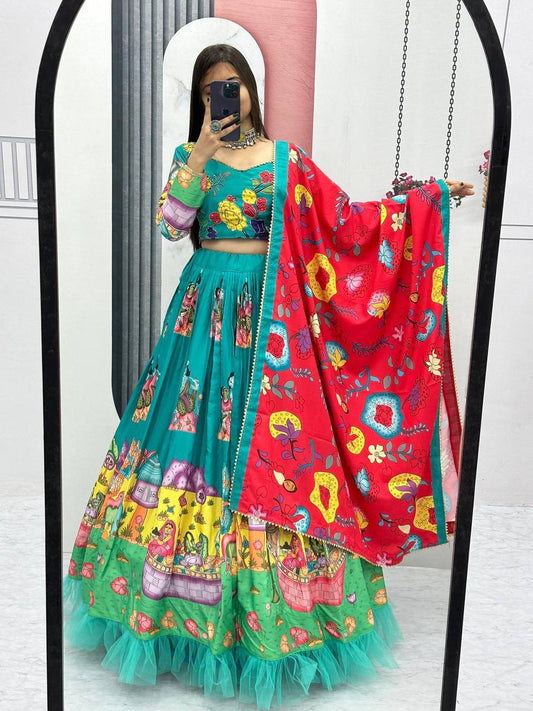 Kalamkari Print Heavy Embroidery and Net Frill Khatali Hand Work Lehenga Choli Set