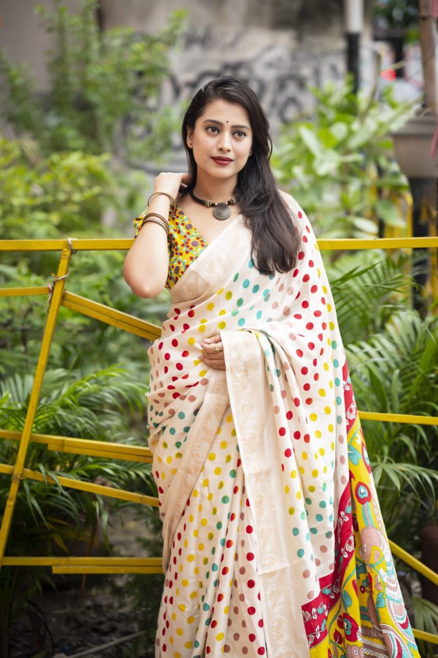 New Premium Zari Woven Border Pashmina Kalamkari Polka Dot Printed Saree with Blouse