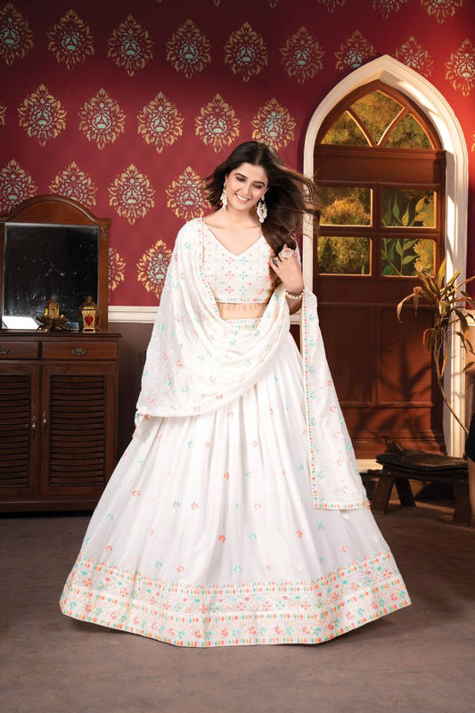 Premium Quality Traditional Multi-Colored Sequins Work White Lehenga Choli Set