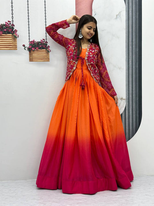 Beautiful Bandhej Jacket & Padding Colour Long Gown Set