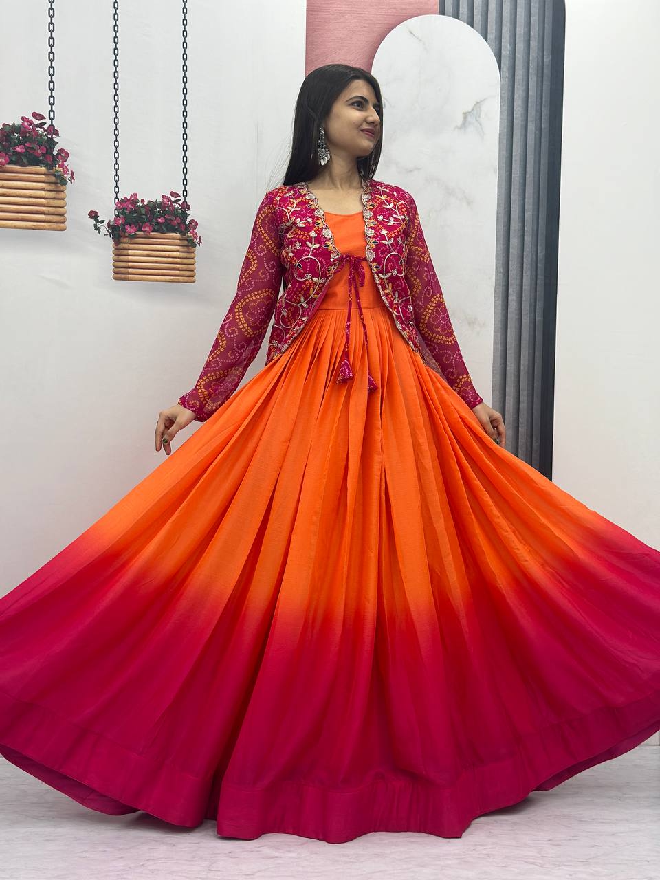 Beautiful Bandhej Jacket & Padding Colour Long Gown Set