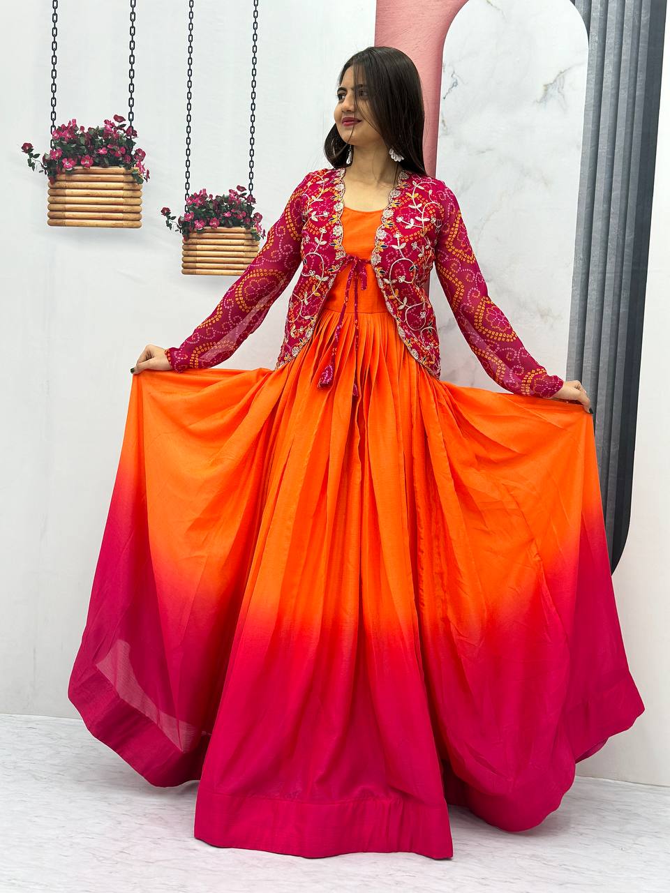 Beautiful Bandhej Jacket & Padding Colour Long Gown Set