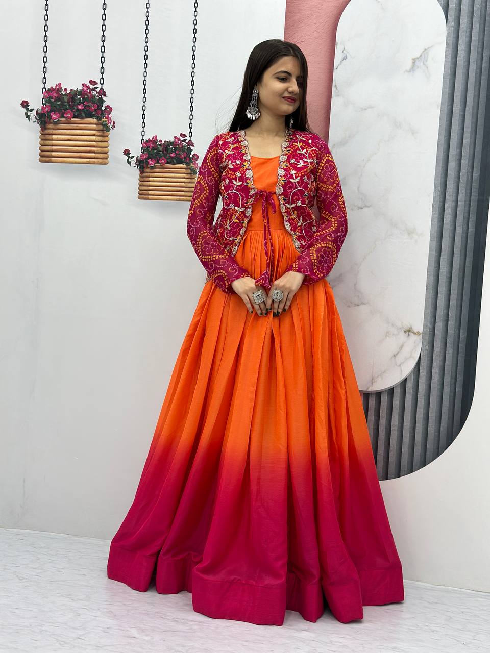 Beautiful Bandhej Jacket & Padding Colour Long Gown Set