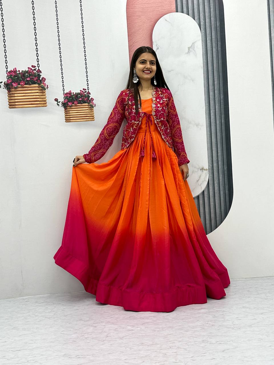 Beautiful Bandhej Jacket & Padding Colour Long Gown Set