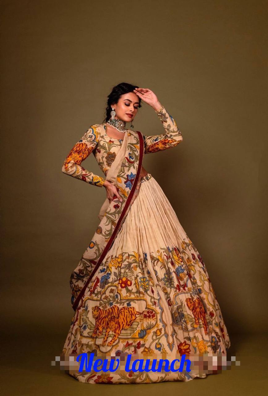 Creamish Off White Kalamkari Print Chent Crepe Silk Lehenga Choli Set