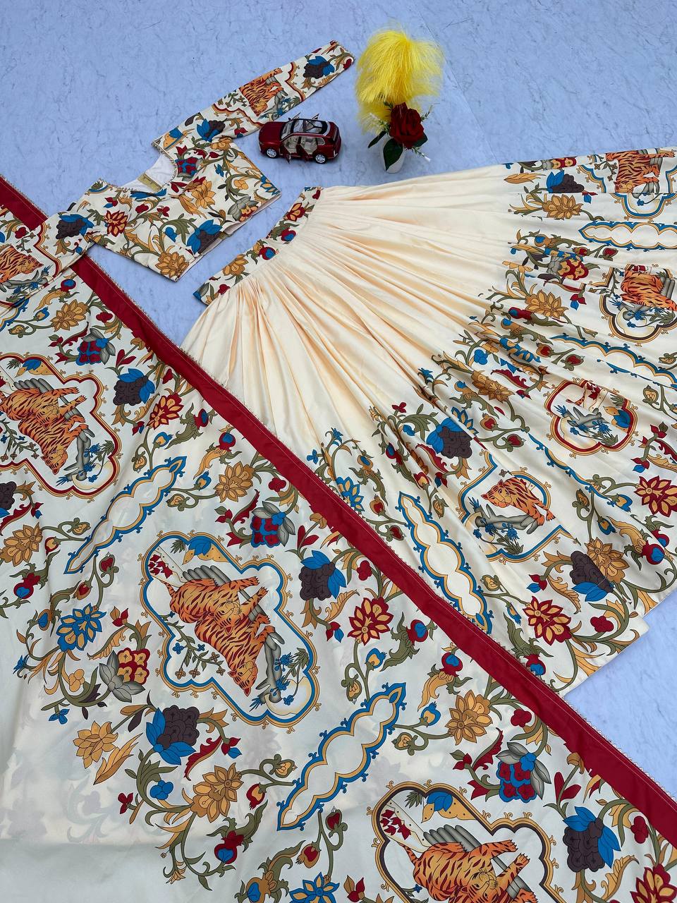 Creamish Off White Kalamkari Print Chent Crepe Silk Lehenga Choli Set