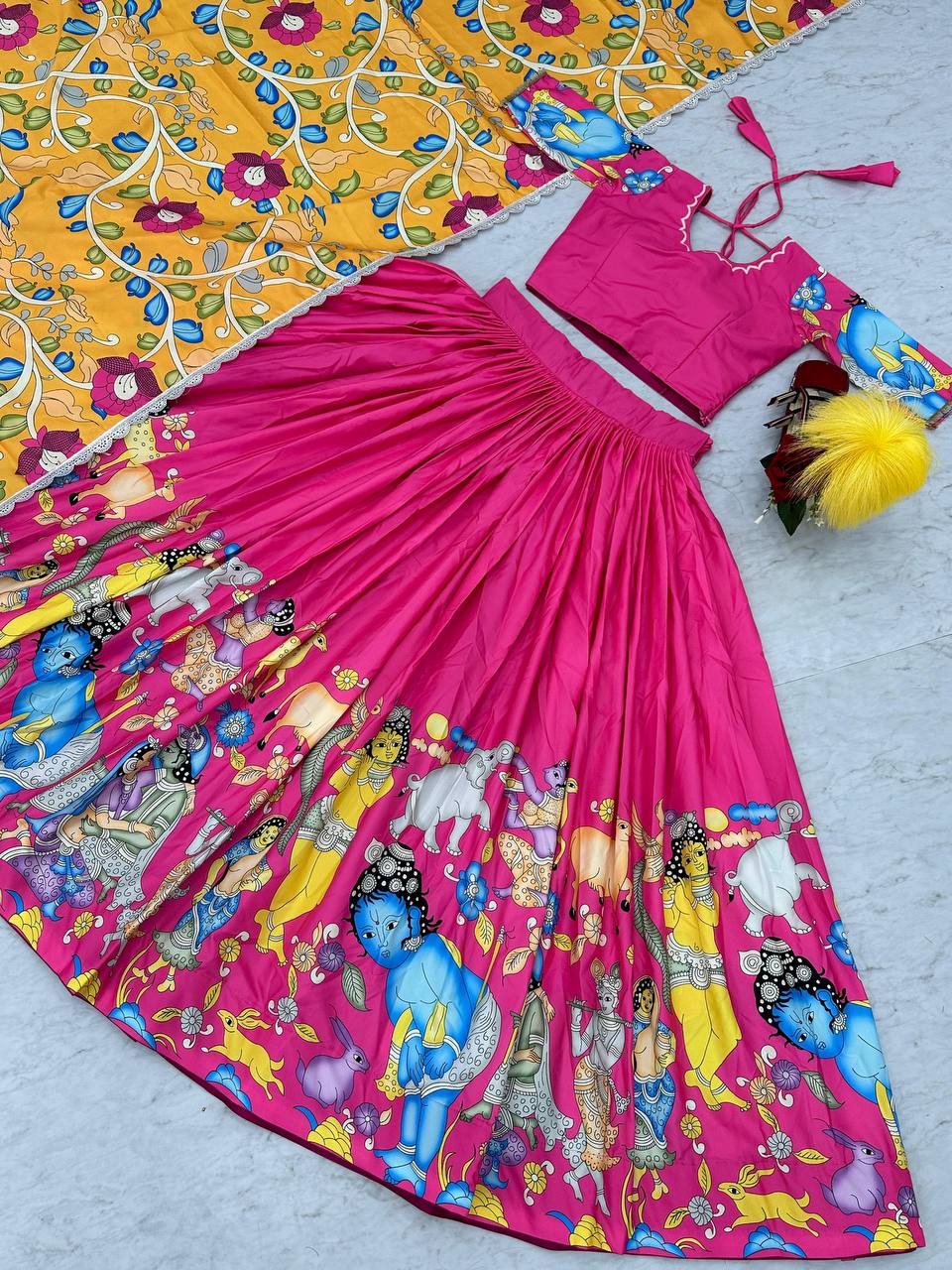 Pink Kalamkari Print Chent Crepe Silk Lehenga Choli Set