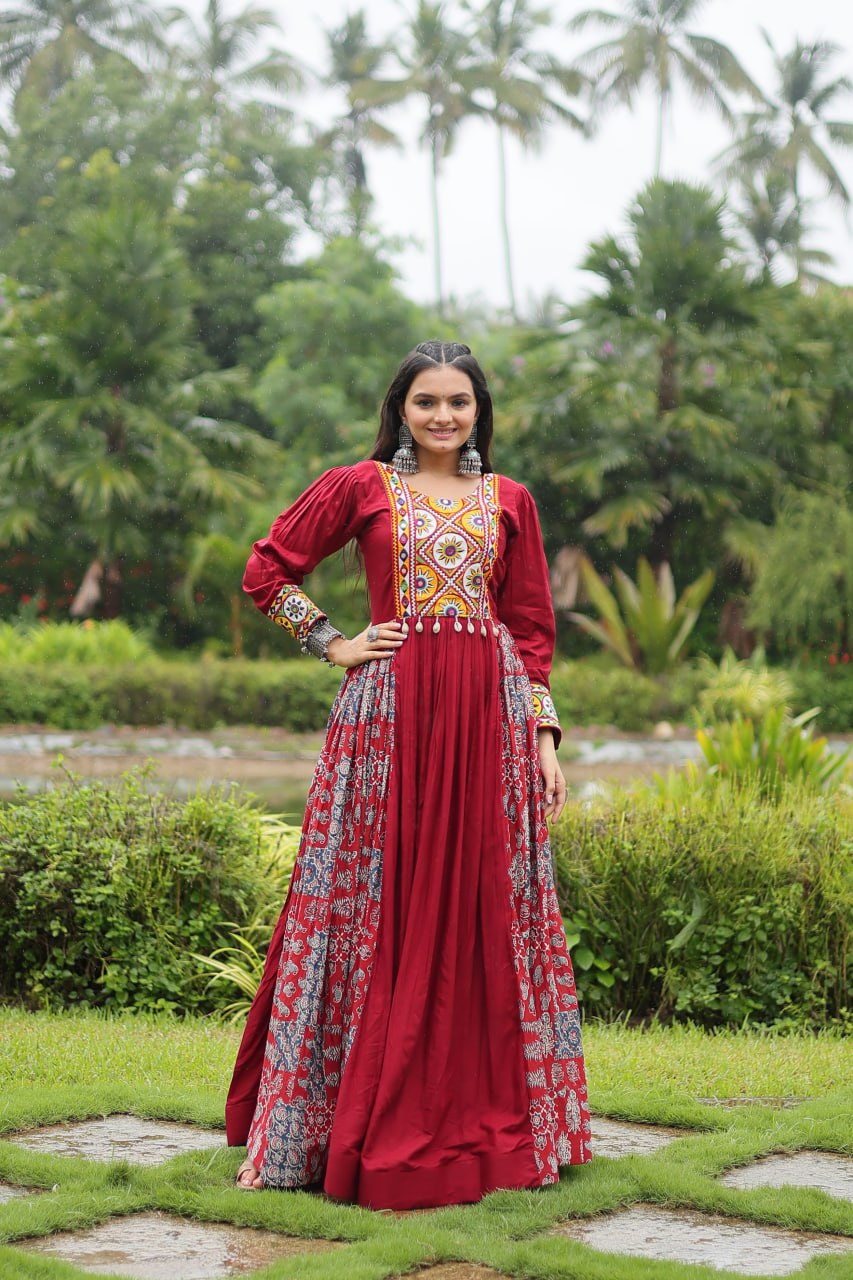 Designer Heavy Black and Maroon Kutchi Gamthi Work Rayon Gown