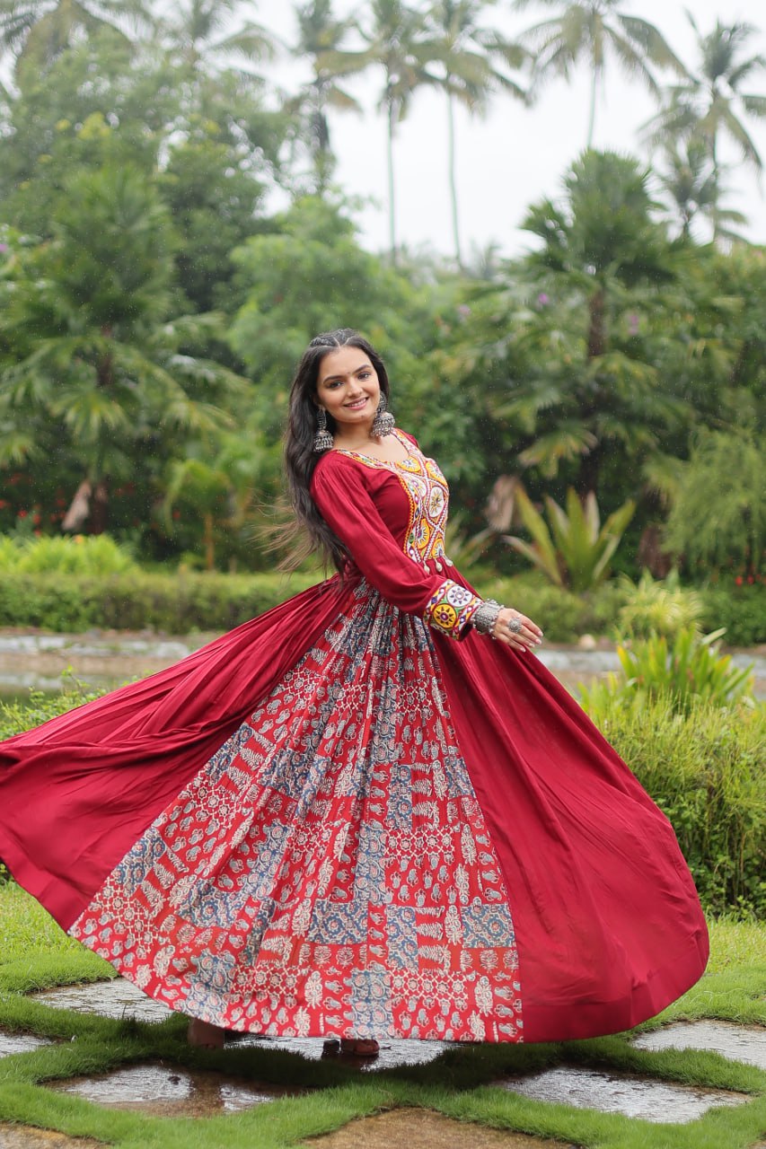 Designer Heavy Black and Maroon Kutchi Gamthi Work Rayon Gown