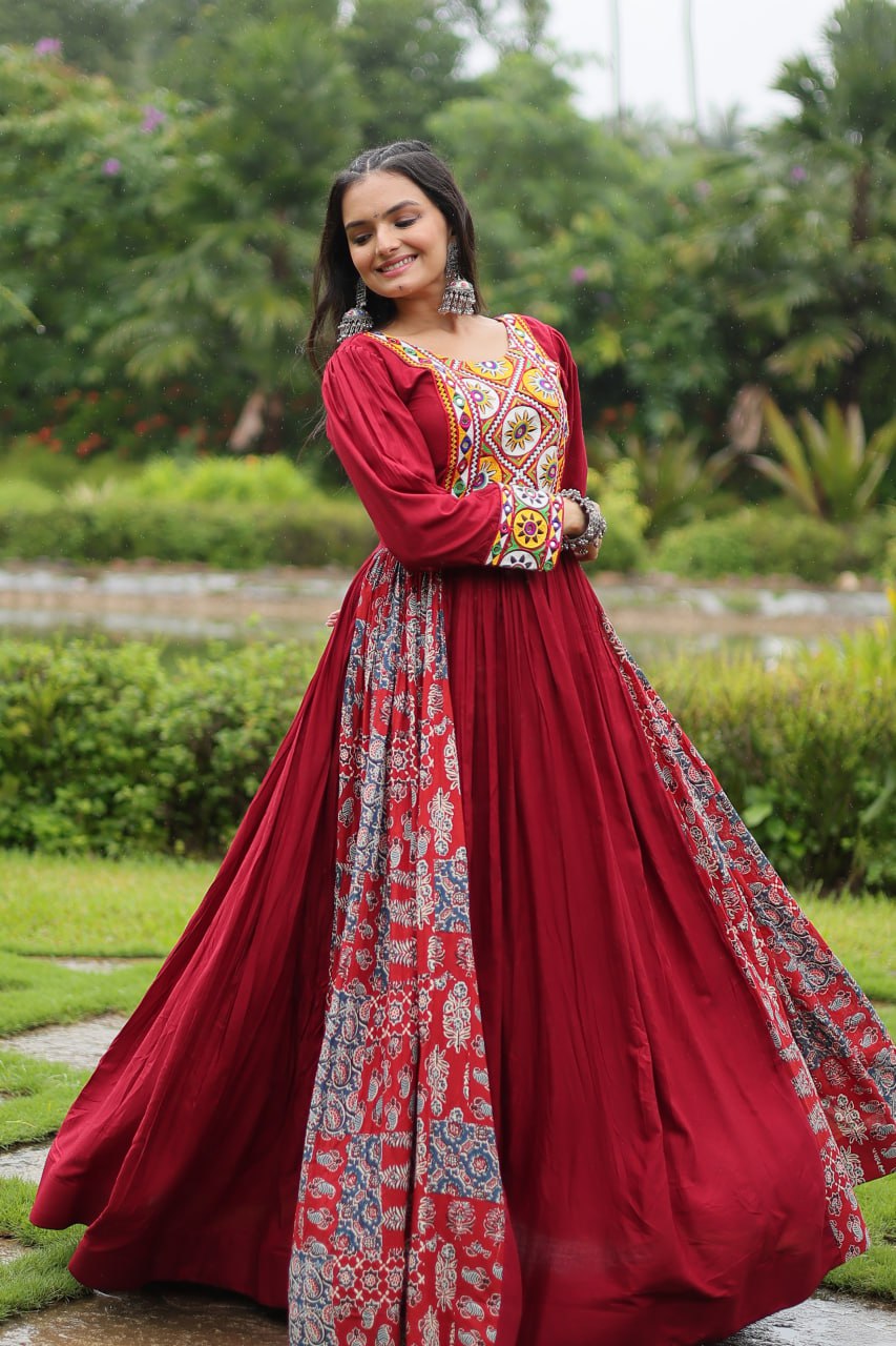 Designer Heavy Black and Maroon Kutchi Gamthi Work Rayon Gown