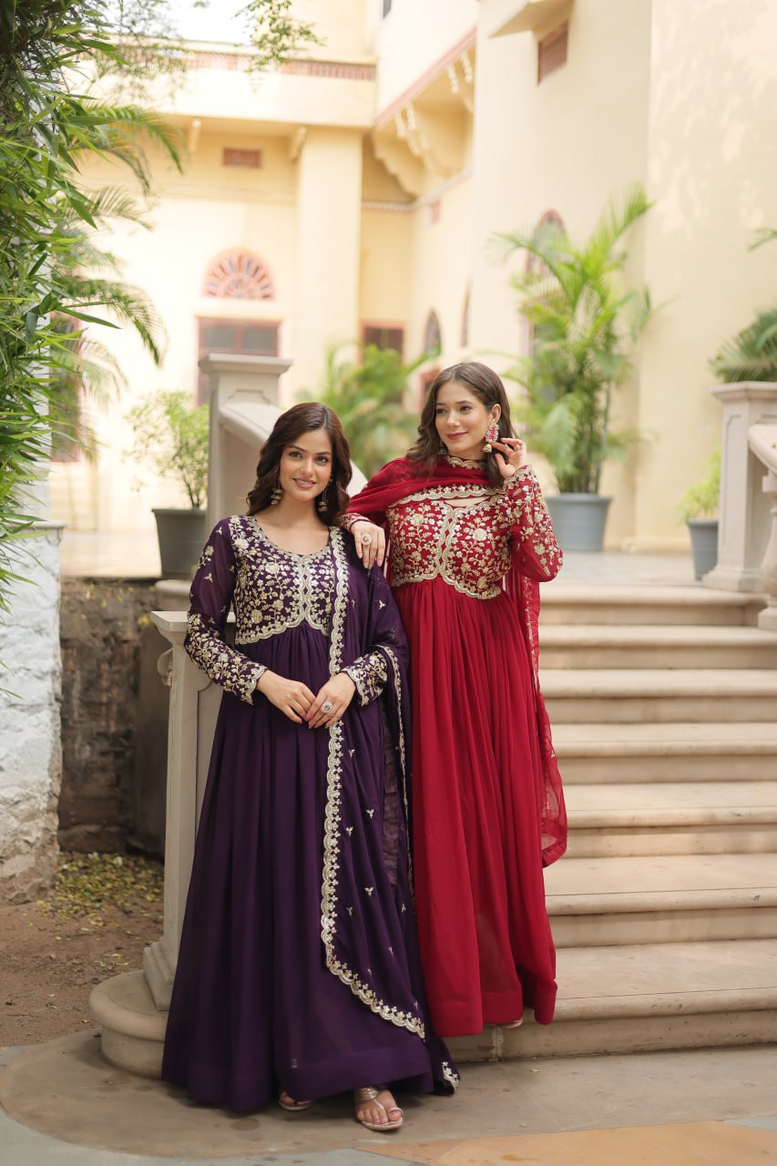 Elegant Faux Blooming Sequins and Multi-Embroidered Work Gown