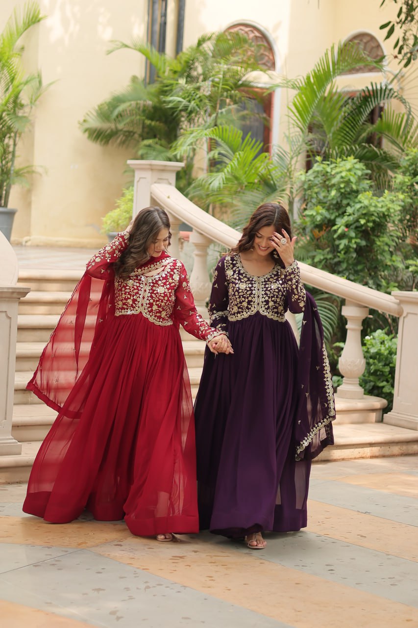 Elegant Faux Blooming Sequins and Multi-Embroidered Work Gown