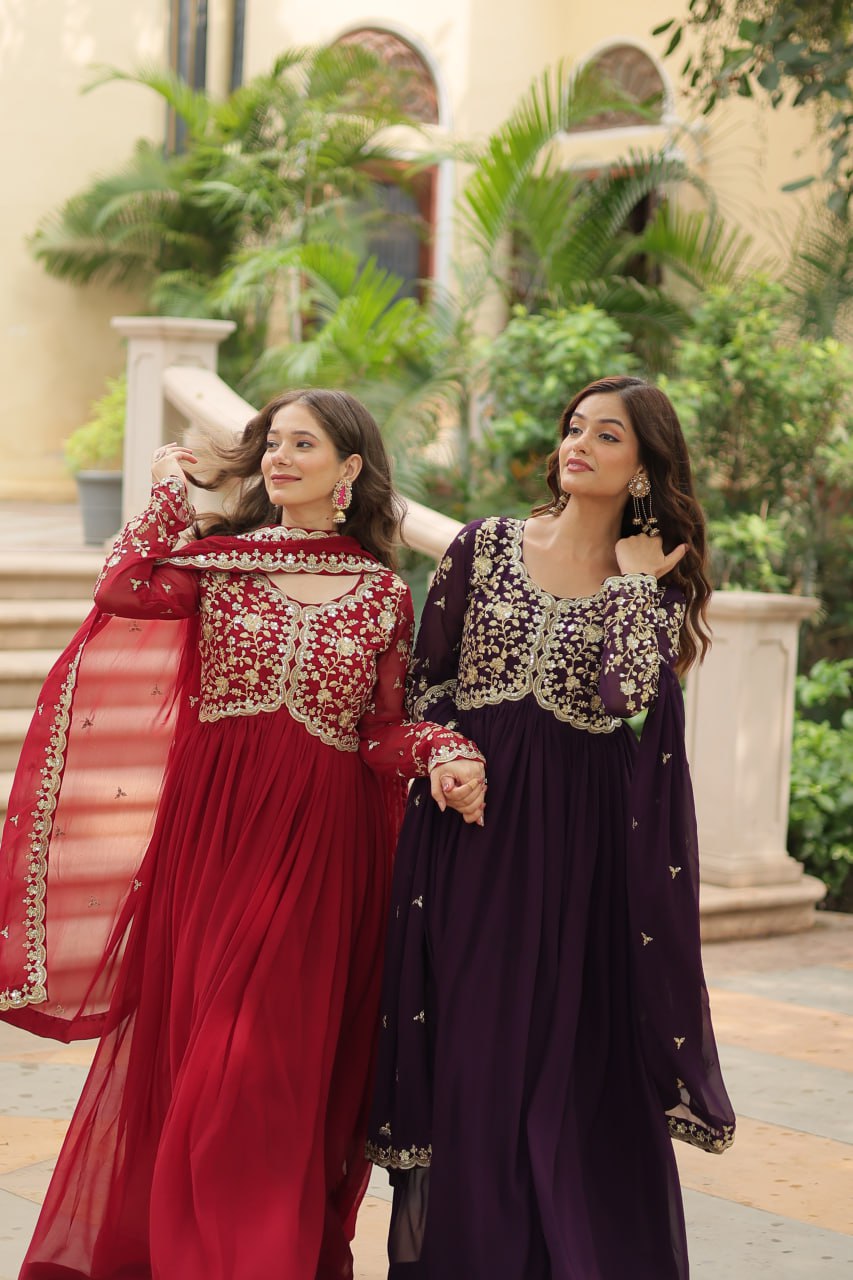 Elegant Faux Blooming Sequins and Multi-Embroidered Work Gown