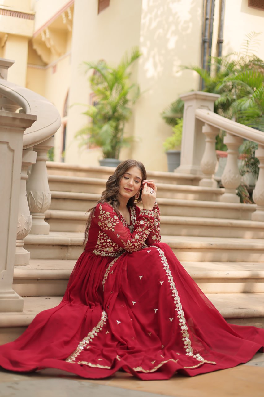 Elegant Faux Blooming Sequins and Multi-Embroidered Work Gown