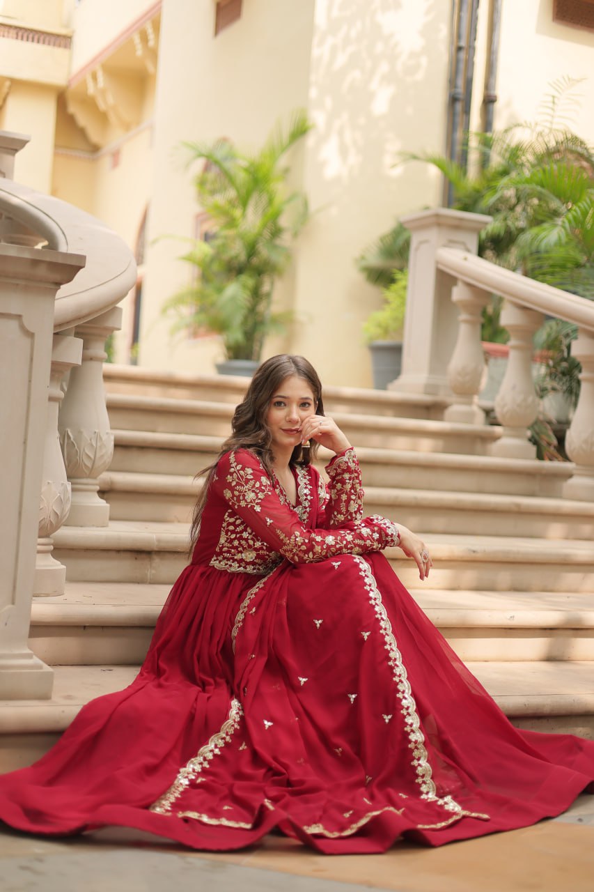 Elegant Faux Blooming Sequins and Multi-Embroidered Work Gown