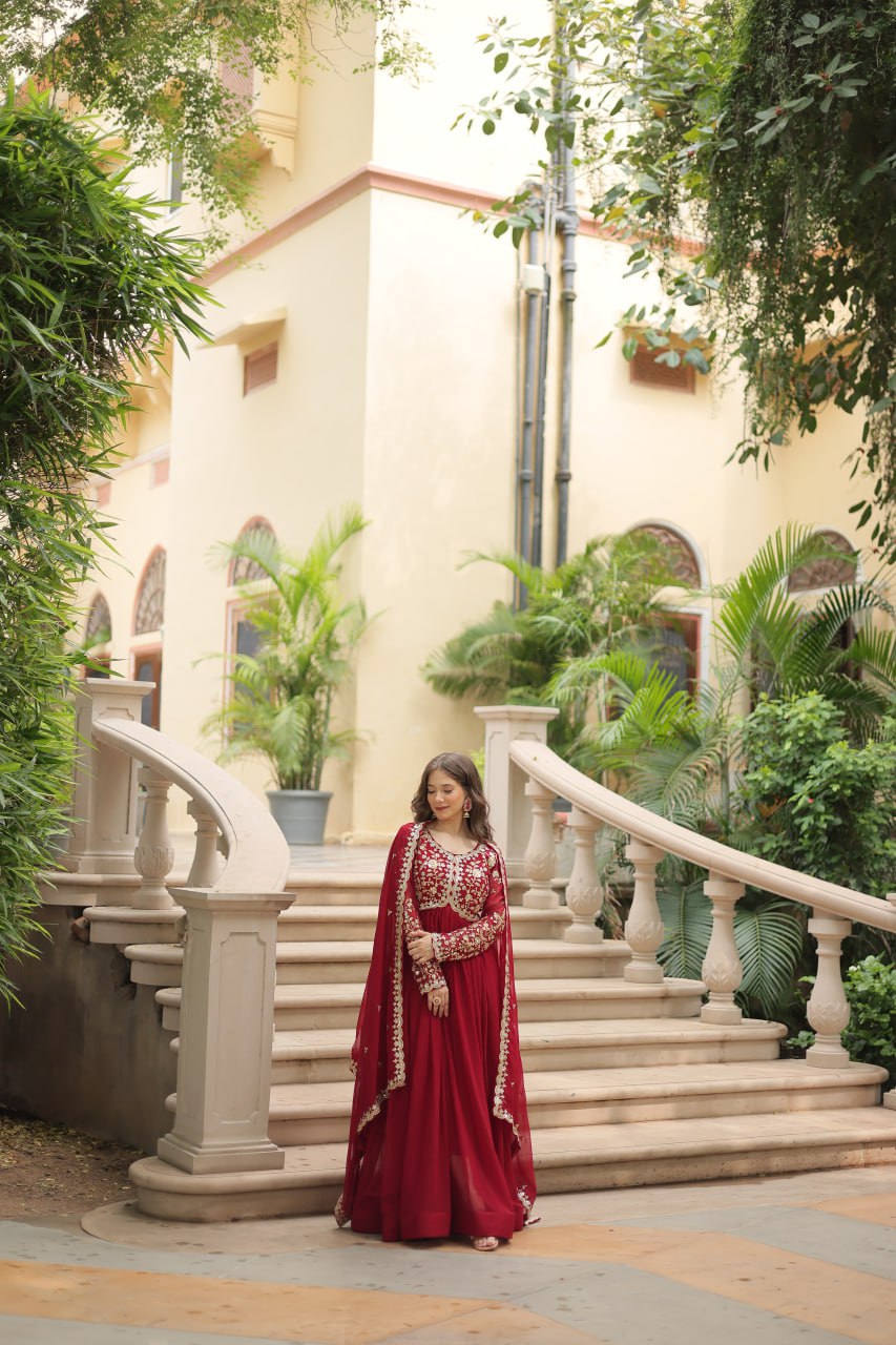 Elegant Faux Blooming Sequins and Multi-Embroidered Work Gown