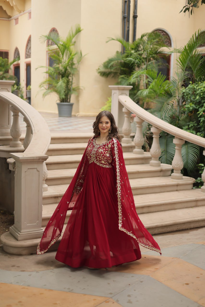 Elegant Faux Blooming Sequins and Multi-Embroidered Work Gown