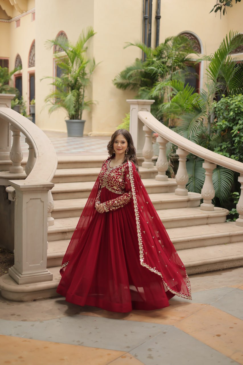 Elegant Faux Blooming Sequins and Multi-Embroidered Work Gown