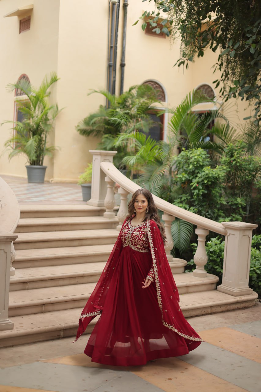 Elegant Faux Blooming Sequins and Multi-Embroidered Work Gown