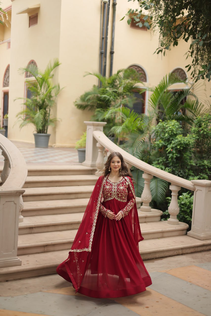 Elegant Faux Blooming Sequins and Multi-Embroidered Work Gown