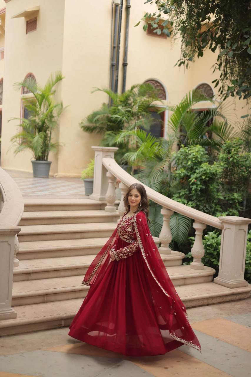 Elegant Faux Blooming Sequins and Multi-Embroidered Work Gown