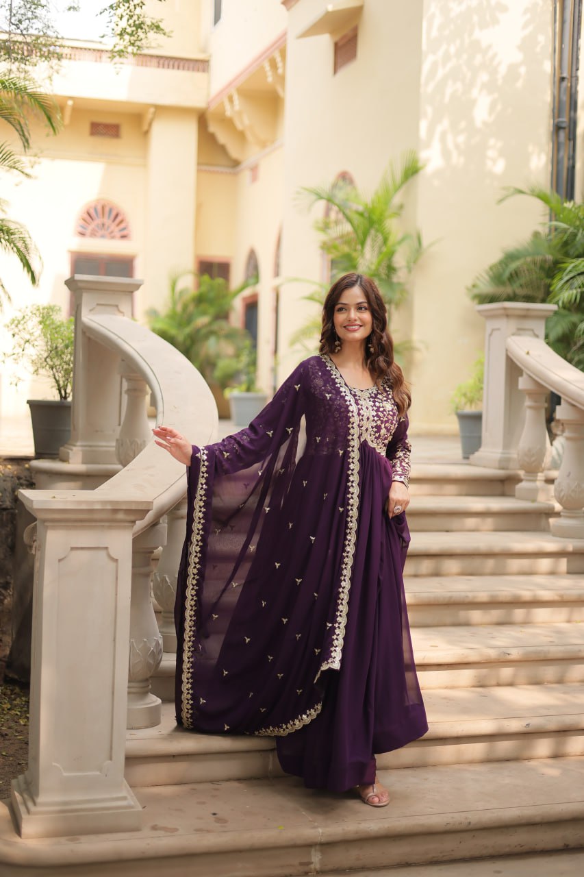 Elegant Faux Blooming Sequins and Multi-Embroidered Work Gown