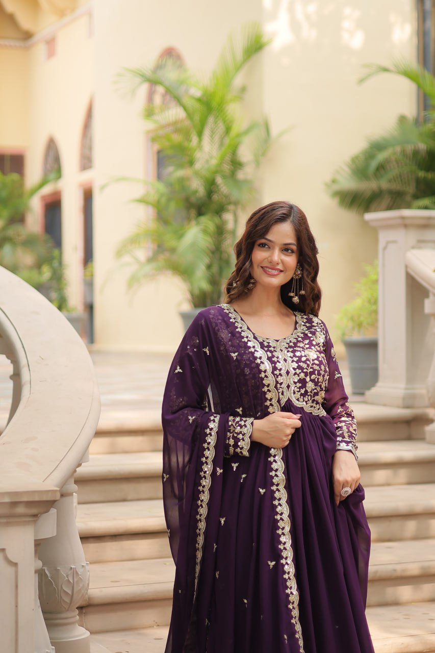 Elegant Faux Blooming Sequins and Multi-Embroidered Work Gown