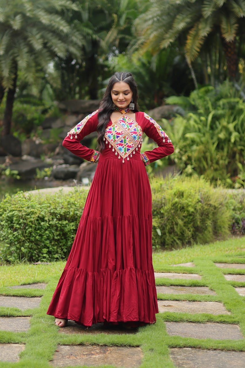 Kutchi Gamthi Work Maroon Partywear Gown