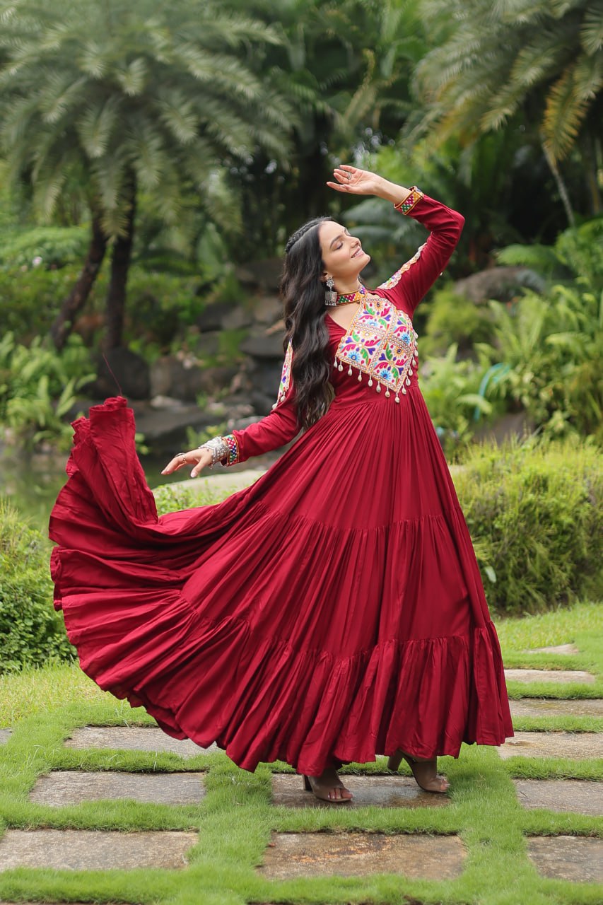 Kutchi Gamthi Work Maroon Partywear Gown