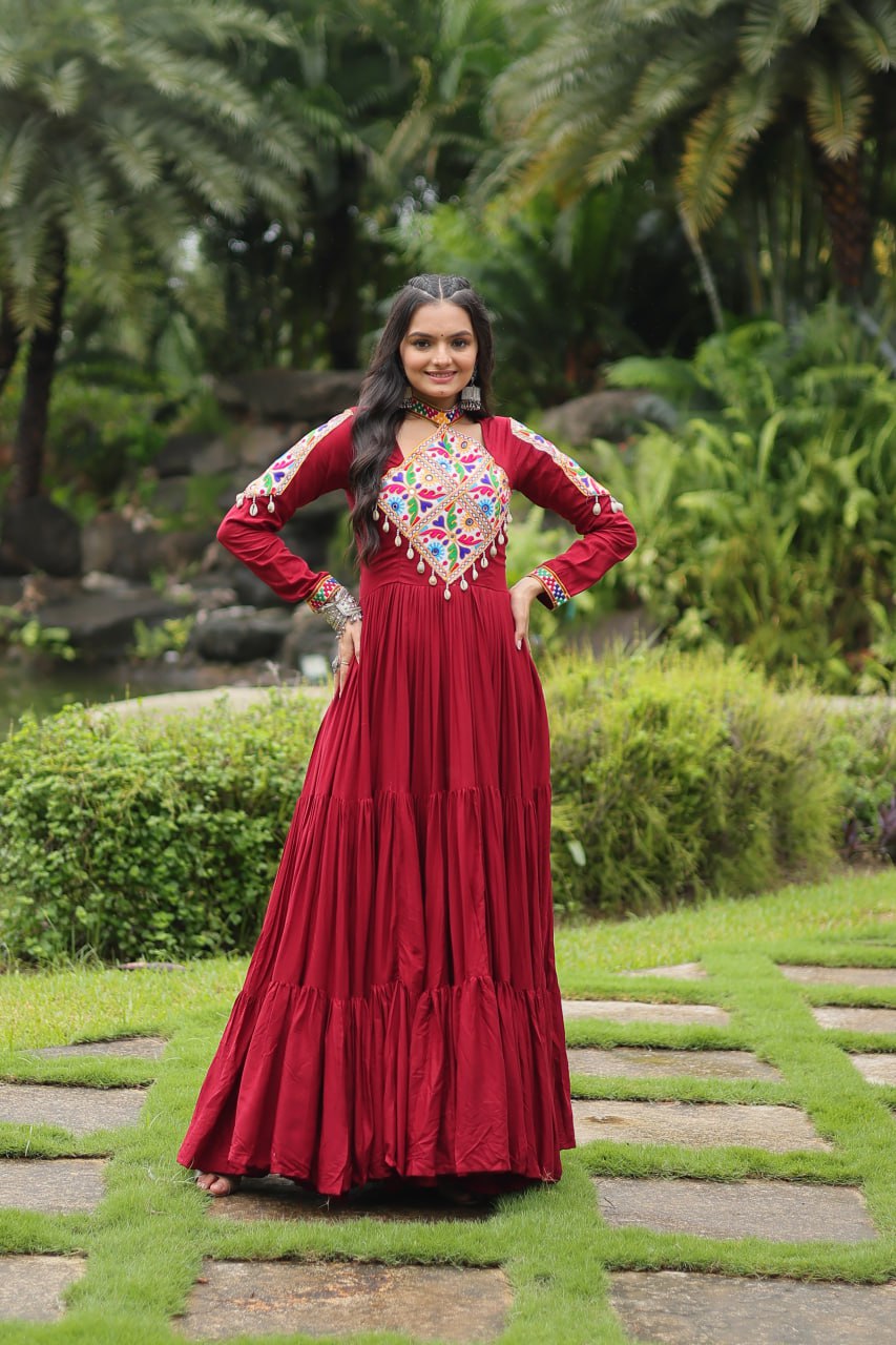 Kutchi Gamthi Work Maroon Partywear Gown