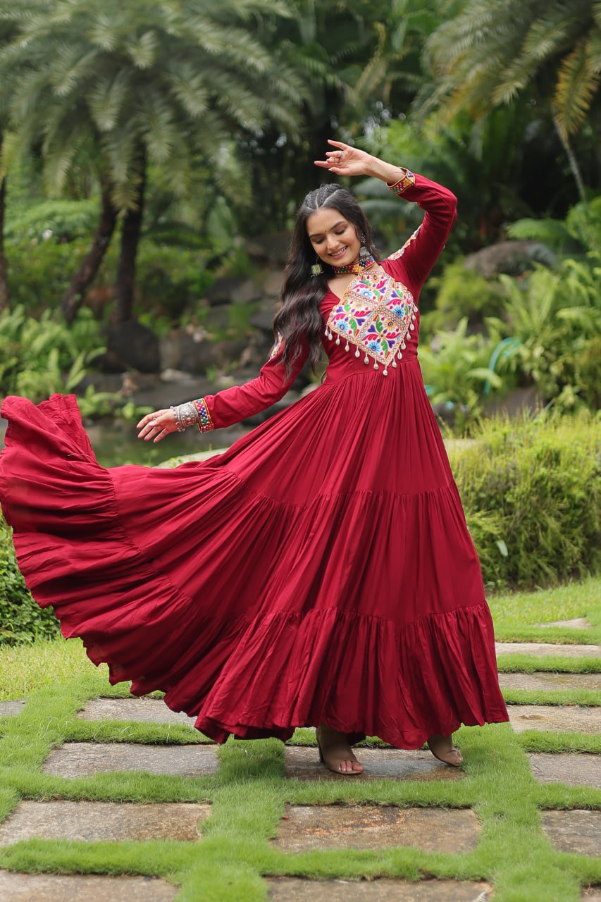 Kutchi Gamthi Work Maroon Partywear Gown