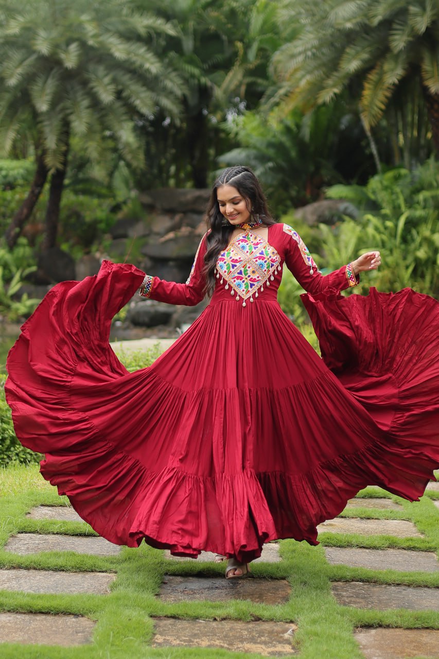 Kutchi Gamthi Work Maroon Partywear Gown