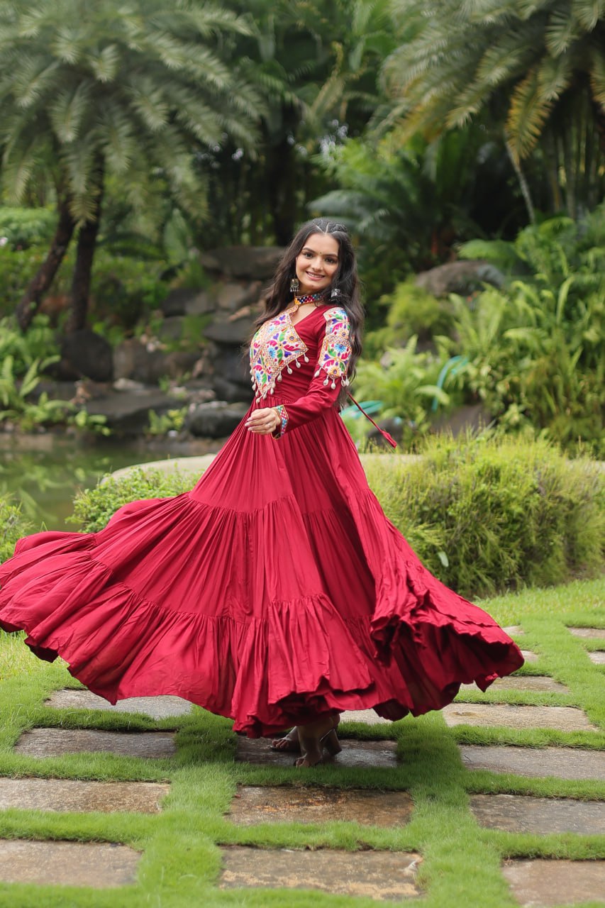 Kutchi Gamthi Work Maroon Partywear Gown