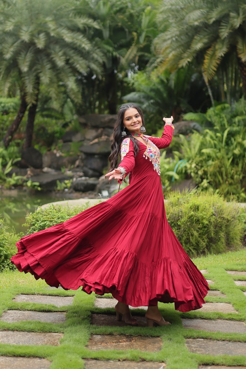 Kutchi Gamthi Work Maroon Partywear Gown